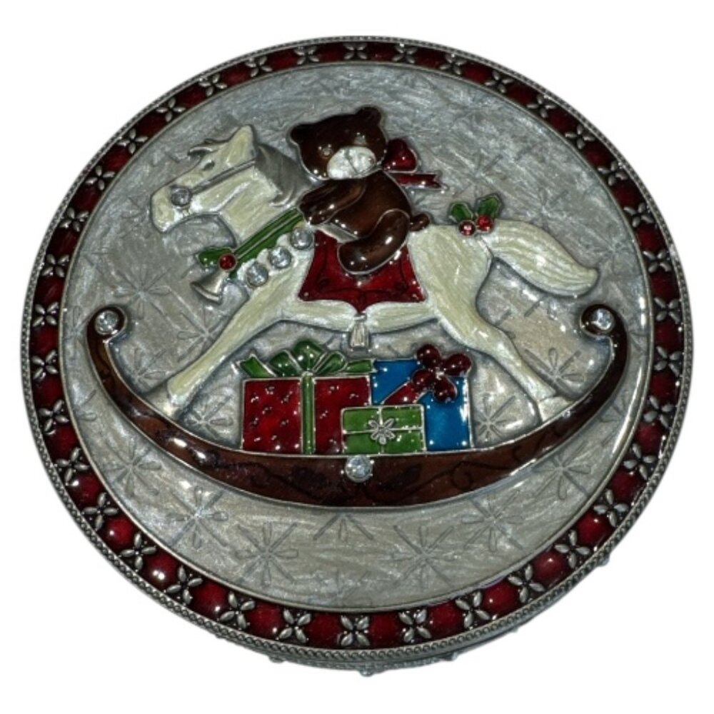 Vintage Christmas Jeweled Enameled Trinket Box Mirror Inside Rocking Horse - Picture 1 of 7
